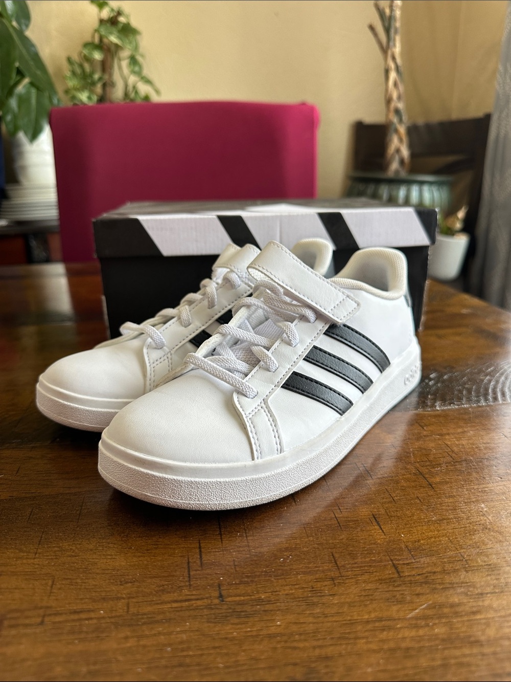 adidas Kids White Sneakers with Black Stripes and Hook-and-Loop Strap